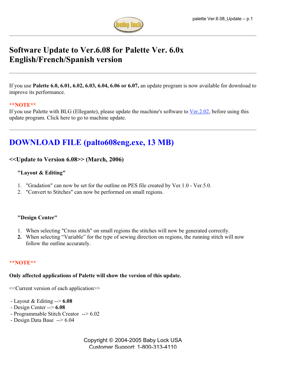 Baby Lock Palette 6.08 (ф) Update and Instructions for Windows XP/2000 User Manual | 4 pages