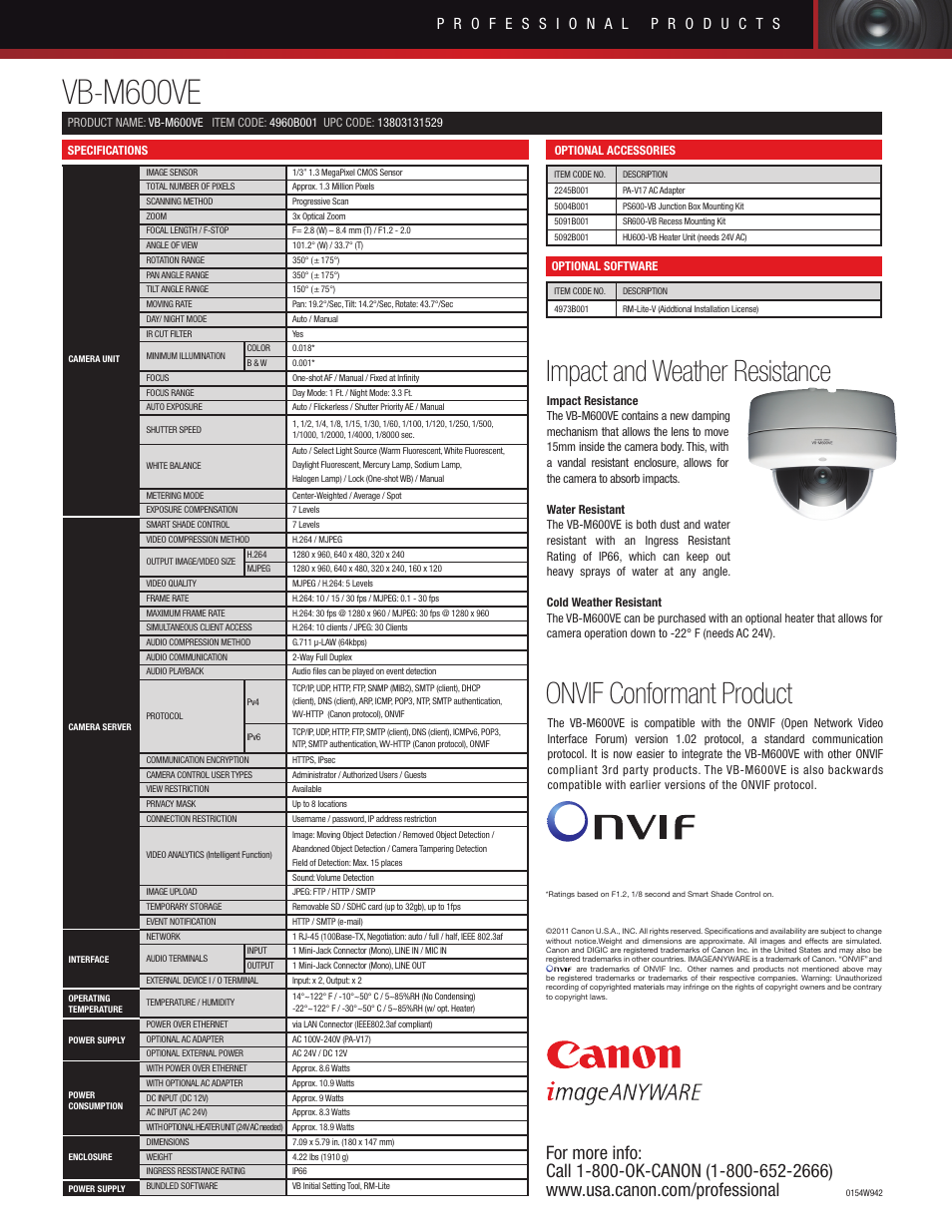 Vb-m600ve, Impact and weather resistance, Onvif conformant product | Canon VB-M600VE User Manual | Page 2 / 2