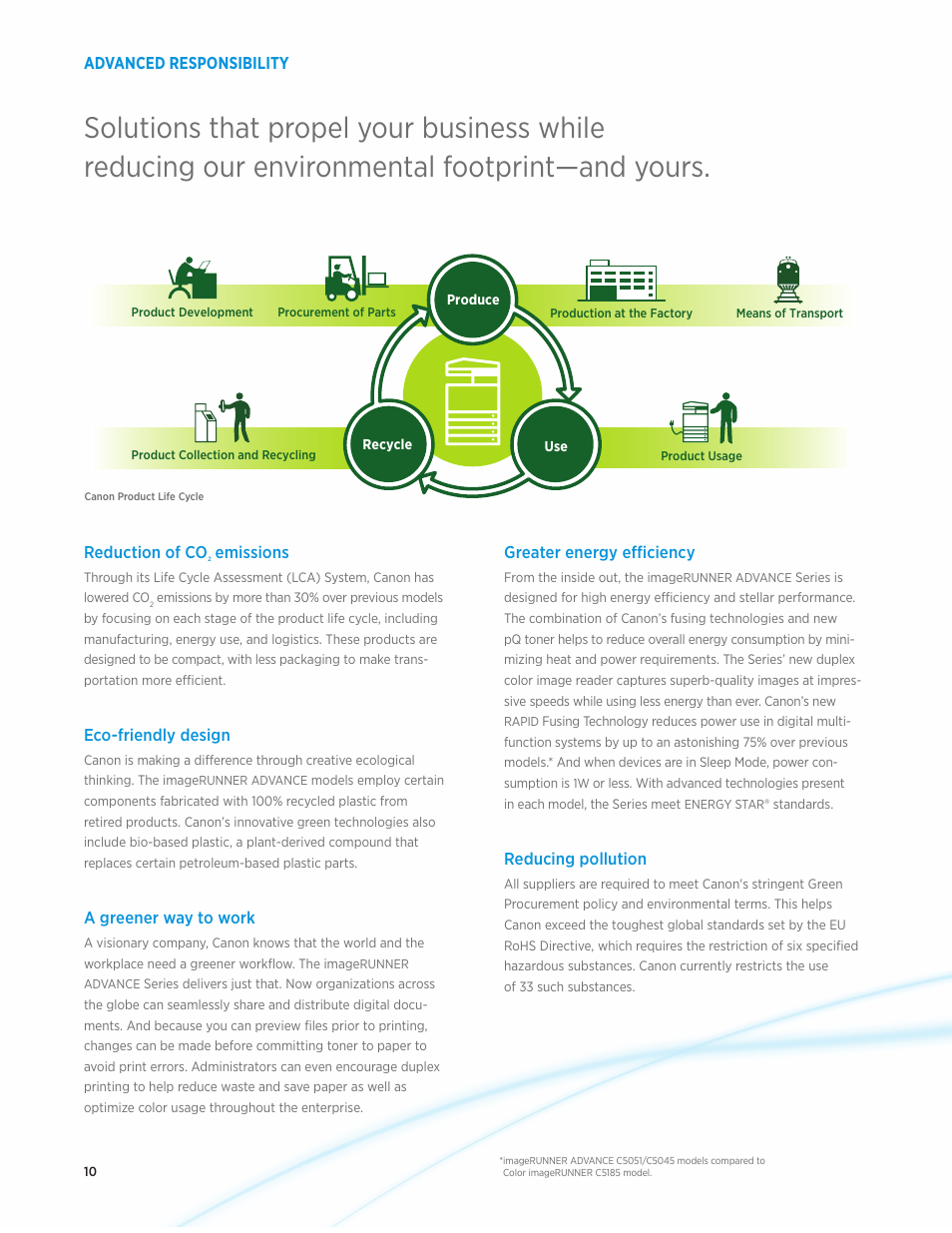 Advanced responsibility, Greater energy efficiency, Reducing pollution | Reduction of co, Emissions, Eco-friendly design, A greener way to work | Canon IMAGERUNNER ADVANCE C5051 User Manual | Page 10 / 12