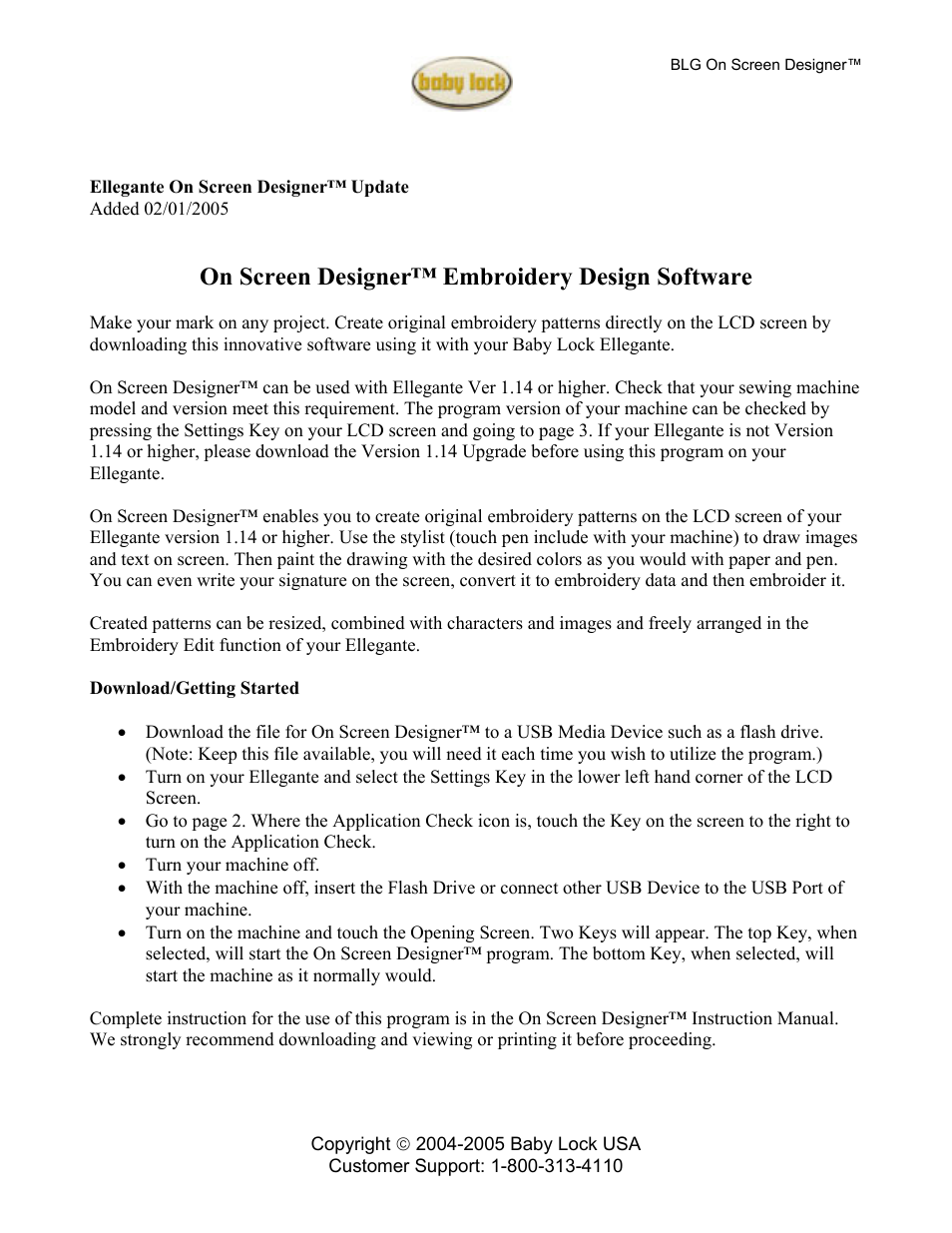 Baby Lock Ellegante On Screen Designer Update (BLG) Install Instructions User Manual | 1 page
