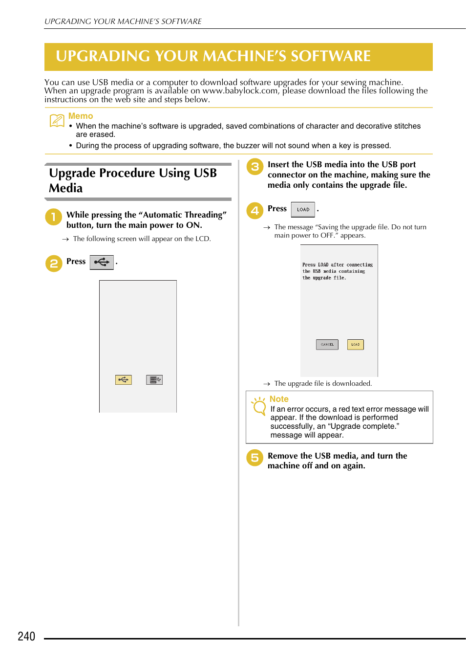 Baby Lock Ellegante 2 (BLG2) Version 4.11 Update Upgrade Instructions User Manual | 2 pages