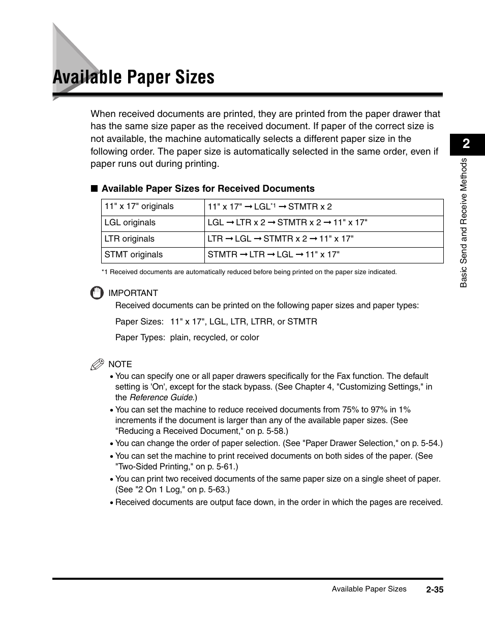 Available paper sizes, Available paper sizes -35 | Canon IMAGERUNNER 2230 User Manual | Page 107 / 352