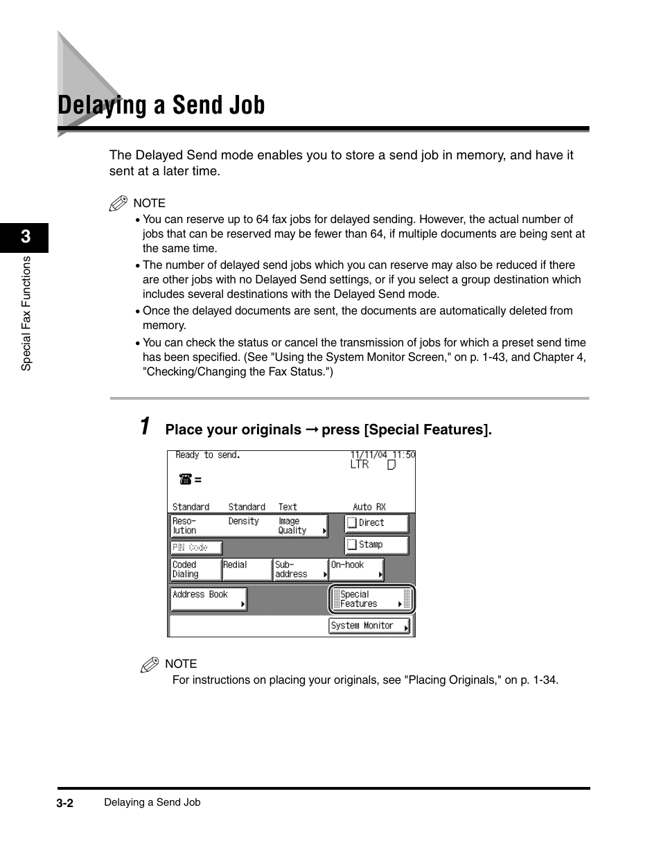 Delaying a send job, Delaying a send job -2, See p. 3-2 | Delaying a send job," on | Canon IMAGERUNNER 2230 User Manual | Page 110 / 352