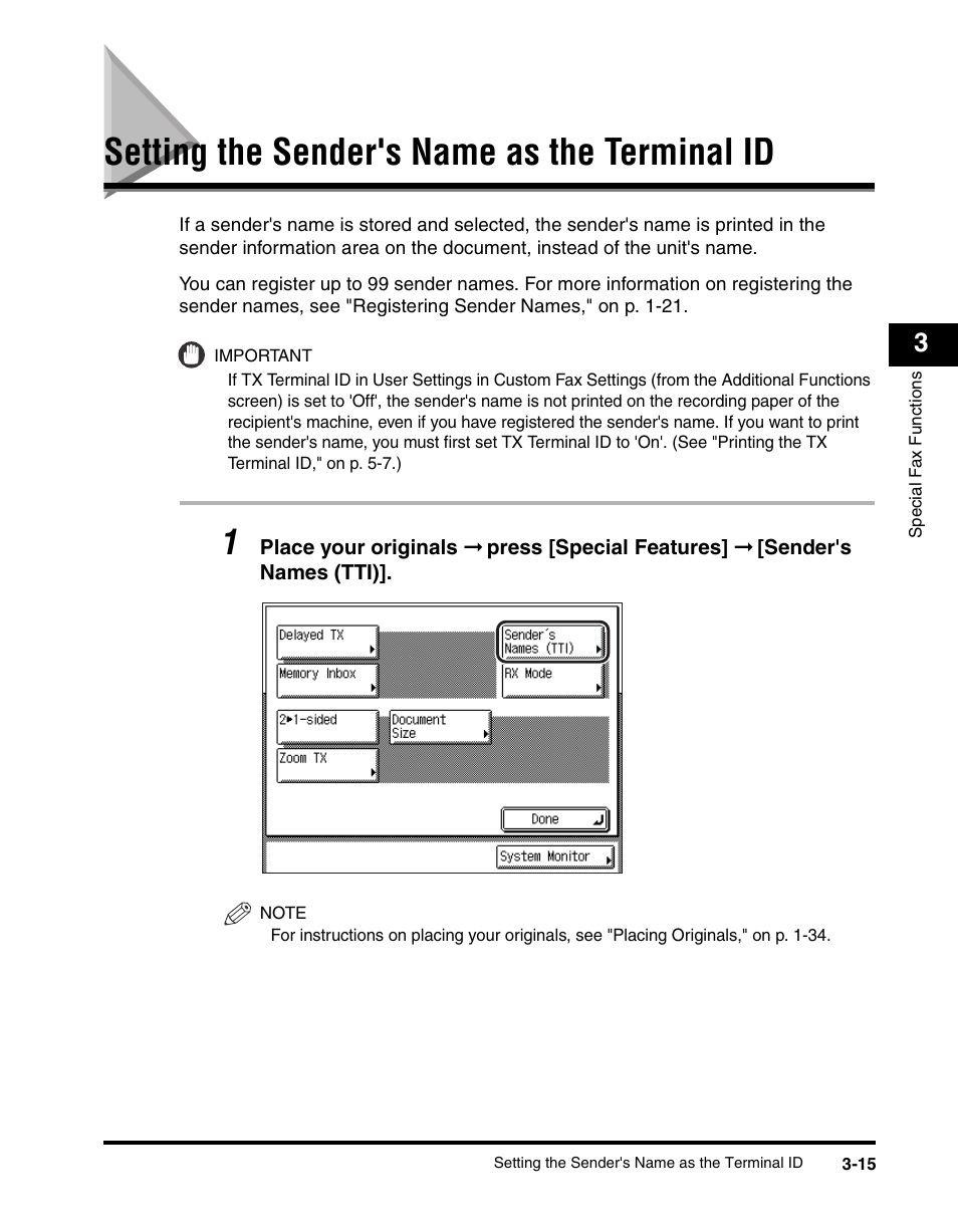 Setting the sender's name as the terminal id, Setting the sender's name as the terminal id -15, See p. 3-15 | P. 3-15 | Canon IMAGERUNNER 2230 User Manual | Page 123 / 352