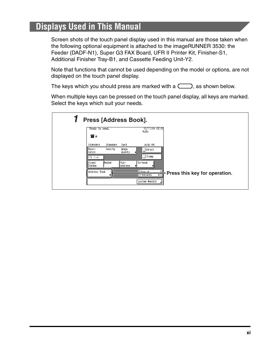 Displays used in this manual | Canon IMAGERUNNER 2230 User Manual | Page 13 / 352