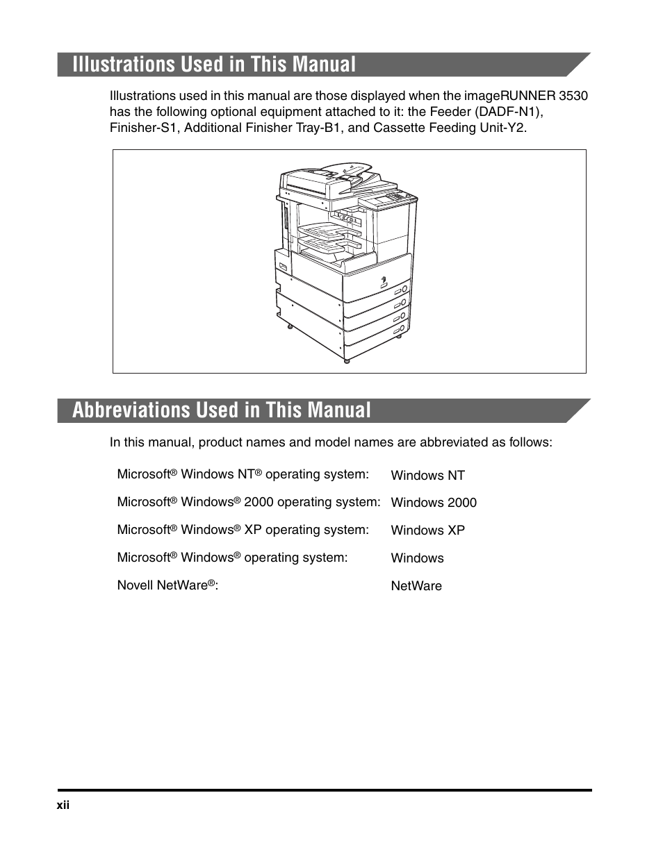 Illustrations used in this manual, Abbreviations used in this manual | Canon IMAGERUNNER 2230 User Manual | Page 14 / 352