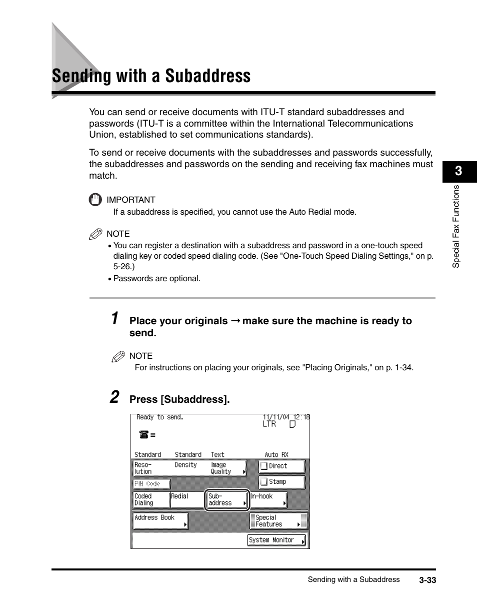 Sending with a subaddress, Sending with a subaddress -33, See p. 3-33 | Ord. (see "sending with a subaddress," on p | Canon IMAGERUNNER 2230 User Manual | Page 141 / 352