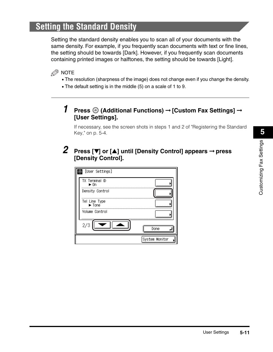 Setting the standard density, Setting the standard density -11, P. 5-11 | Canon IMAGERUNNER 2230 User Manual | Page 177 / 352