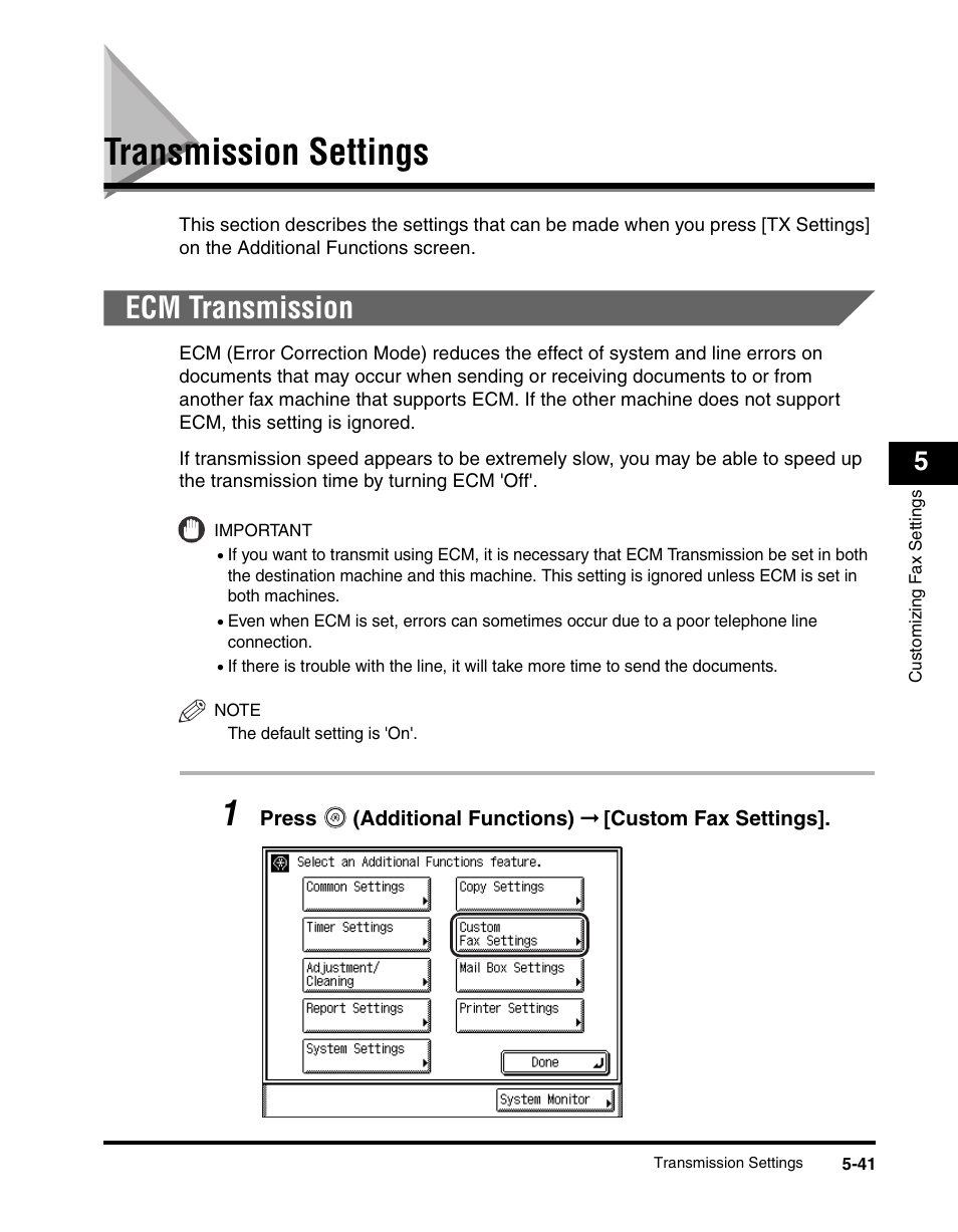 Transmission settings, Ecm transmission, Transmission settings -41 | Ecm transmission -41, P. 5-41 | Canon IMAGERUNNER 2230 User Manual | Page 207 / 352