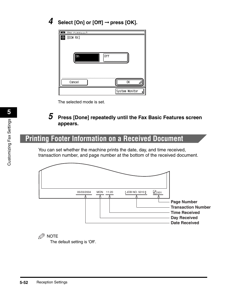 Printing footer information on a received document | Canon IMAGERUNNER 2230 User Manual | Page 218 / 352