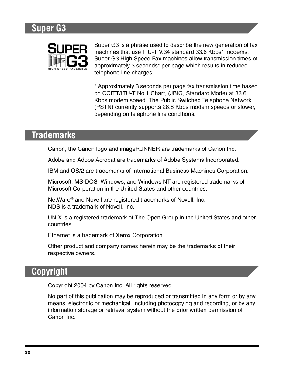 Super g3, Trademarks, Copyright | Canon IMAGERUNNER 2230 User Manual | Page 22 / 352