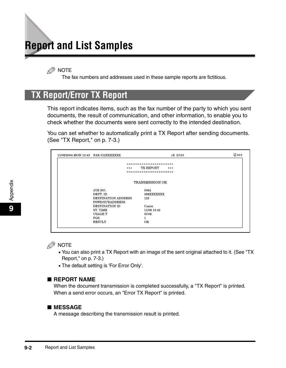 Report and list samples, Tx report/error tx report, Report and list samples -2 | Tx report/error tx report -2 | Canon IMAGERUNNER 2230 User Manual | Page 326 / 352