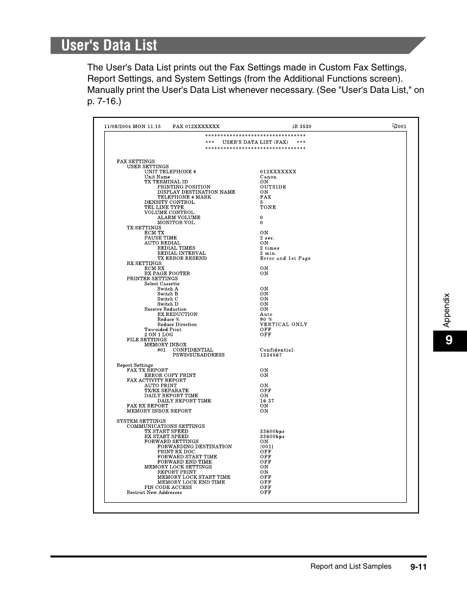 User's data list, User's data list -11 | Canon IMAGERUNNER 2230 User Manual | Page 335 / 352