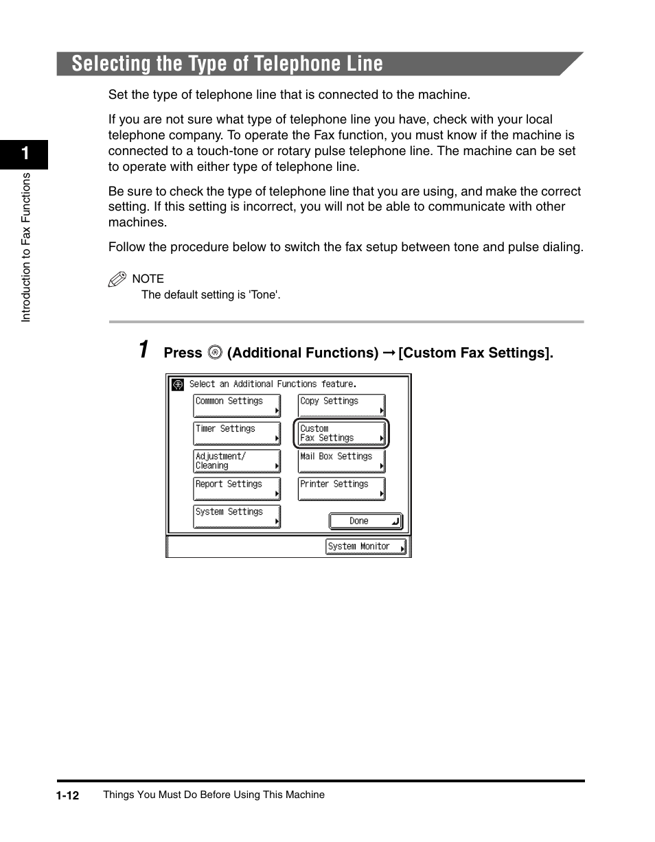 Selecting the type of telephone line, Selecting the type of telephone line -12 | Canon IMAGERUNNER 2230 User Manual | Page 36 / 352