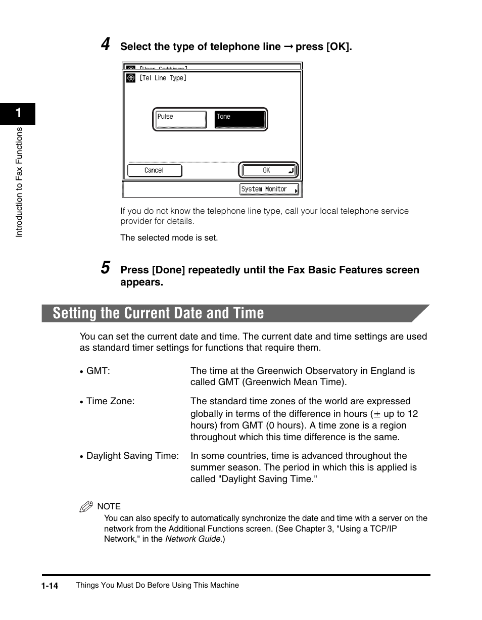 Setting the current date and time, Setting the current date and time -14 | Canon IMAGERUNNER 2230 User Manual | Page 38 / 352