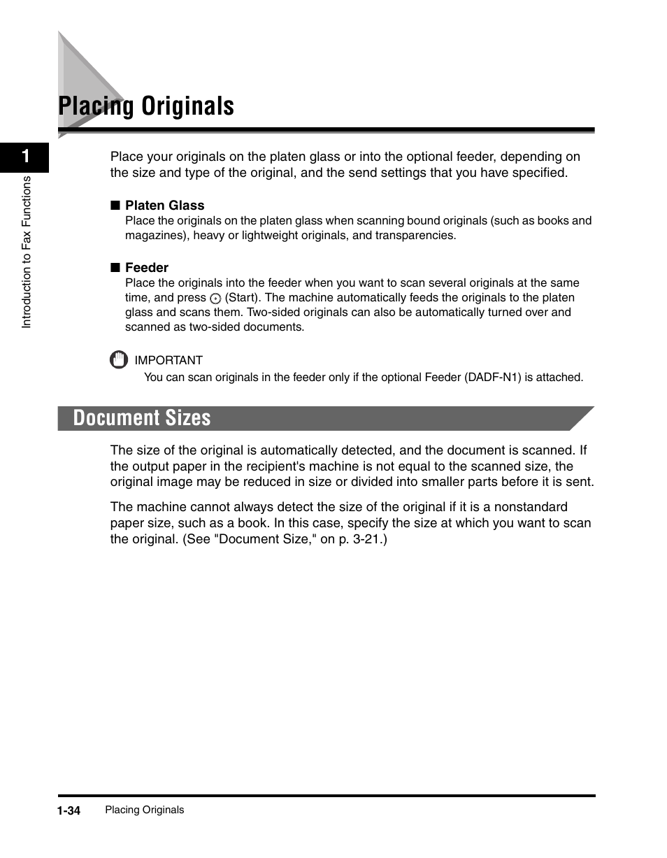 Placing originals, Document sizes, Placing originals -34 | Document sizes -34 | Canon IMAGERUNNER 2230 User Manual | Page 58 / 352