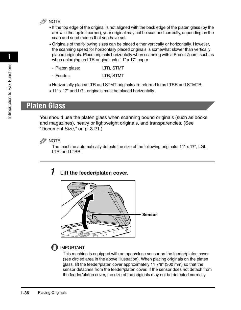 Platen glass, Platen glass -36, Lift the feeder/platen cover | Canon IMAGERUNNER 2230 User Manual | Page 60 / 352