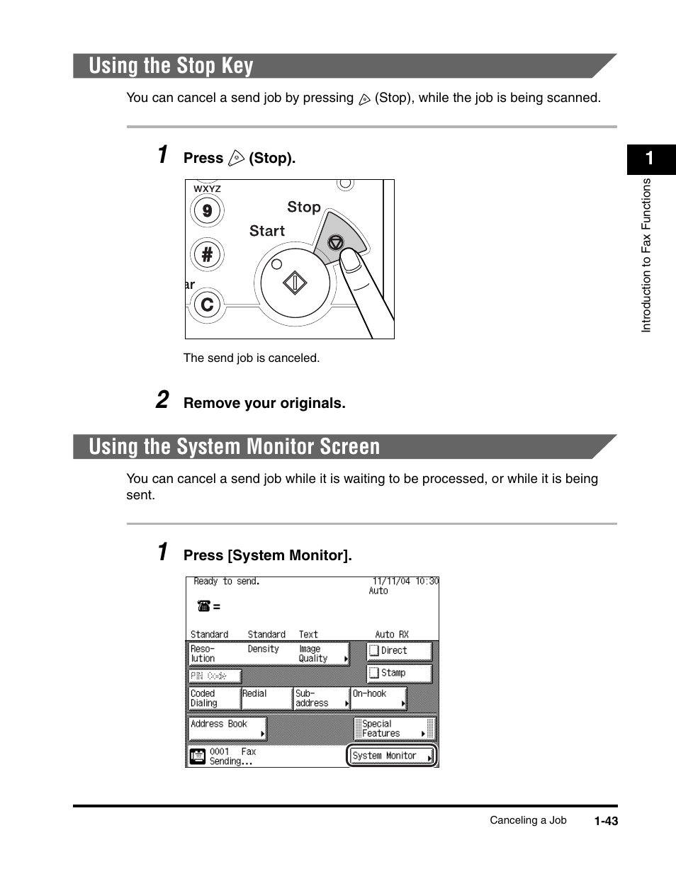 Using the stop key, Using the system monitor screen, Using the stop key -43 | Using the system monitor screen -43 | Canon IMAGERUNNER 2230 User Manual | Page 67 / 352