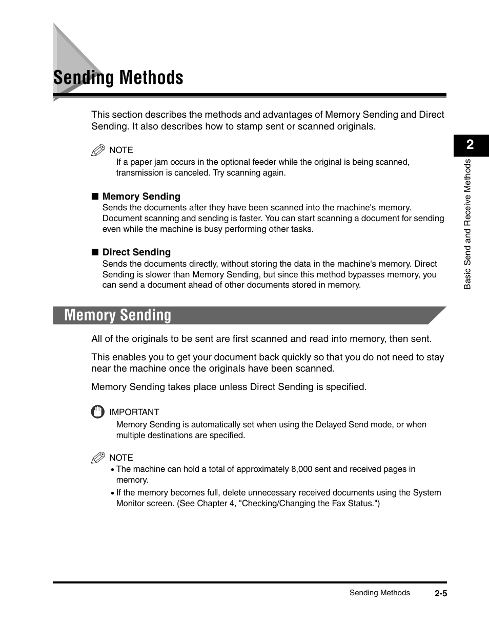 Sending methods, Memory sending, Sending methods -5 | Memory sending -5, See p. 2-5, Direct sending, P. 2-5 | Canon IMAGERUNNER 2230 User Manual | Page 77 / 352