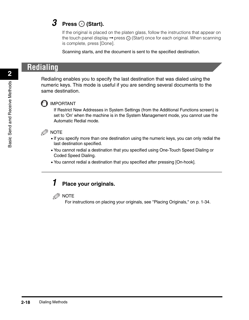 Redialing, Redialing -18, See p. 2-18 | Canon IMAGERUNNER 2230 User Manual | Page 90 / 352