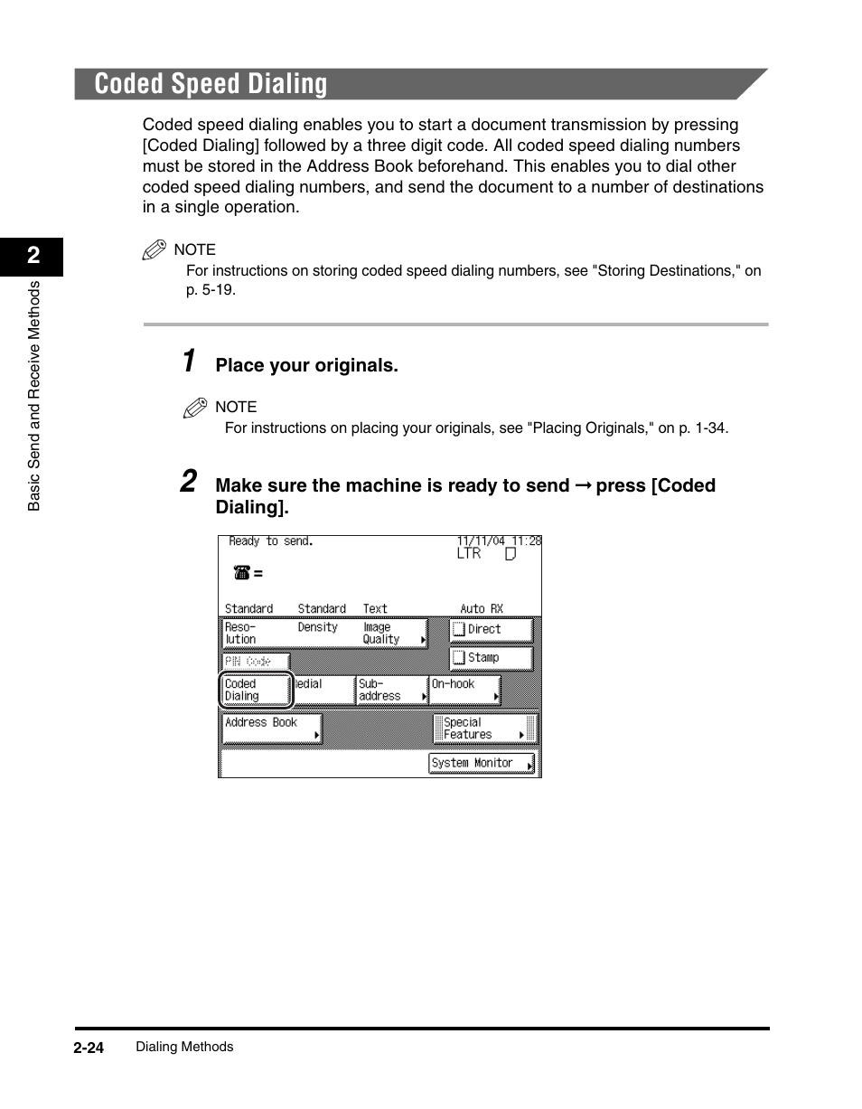 Coded speed dialing, Coded speed dialing -24, See p. 2-24 | Coded speed dialing," o | Canon IMAGERUNNER 2230 User Manual | Page 96 / 352