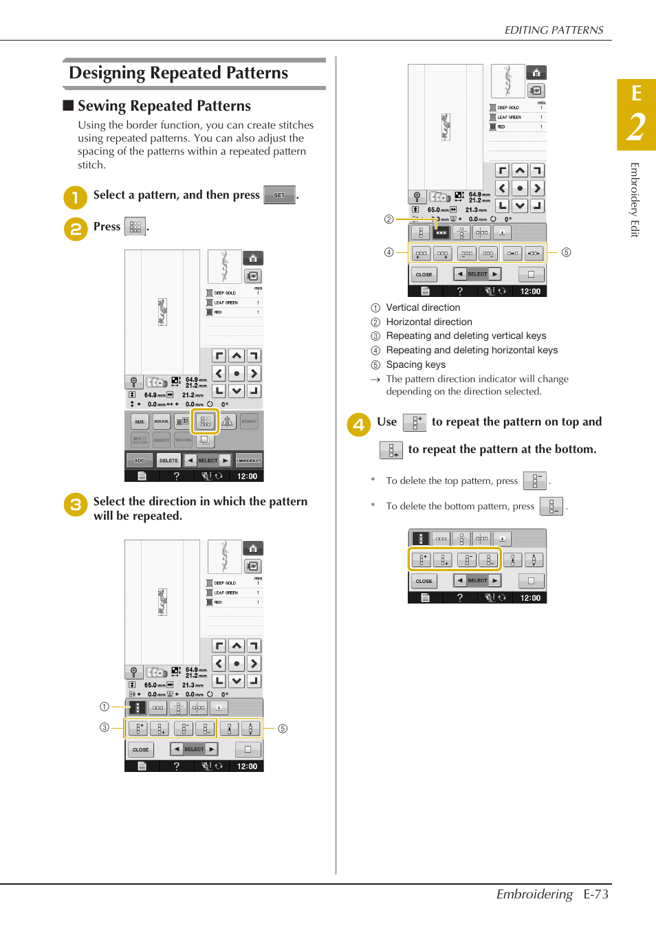 Designing repeated patterns, Sewing repeated patterns | Baby Lock Spirit (BLPY) Instruction and Reference Guide User Manual | Page 139 / 184