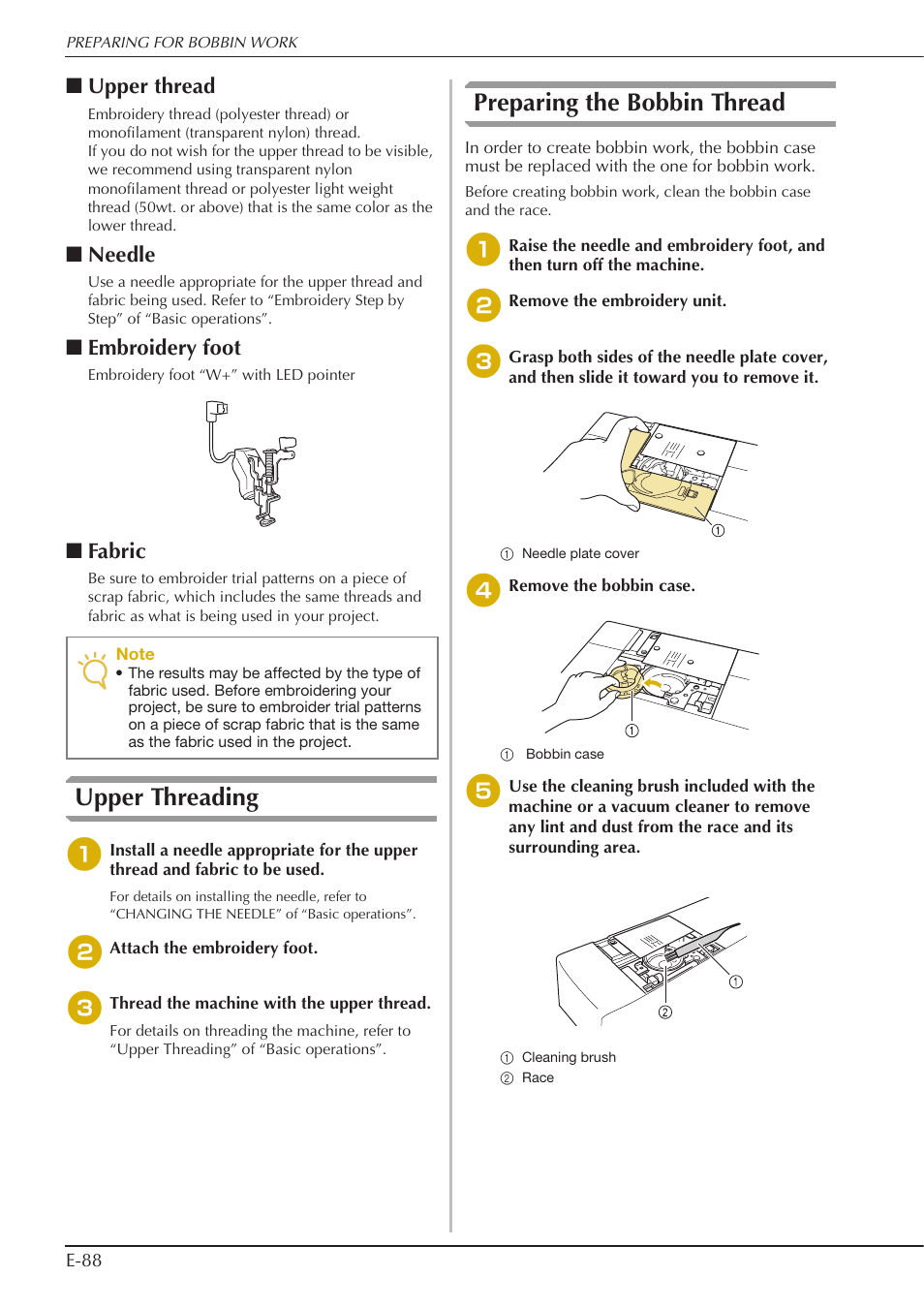 Upper threading, Preparing the bobbin thread, Upper thread | Needle, Embroidery foot, Fabric | Baby Lock Spirit (BLPY) Instruction and Reference Guide User Manual | Page 154 / 184