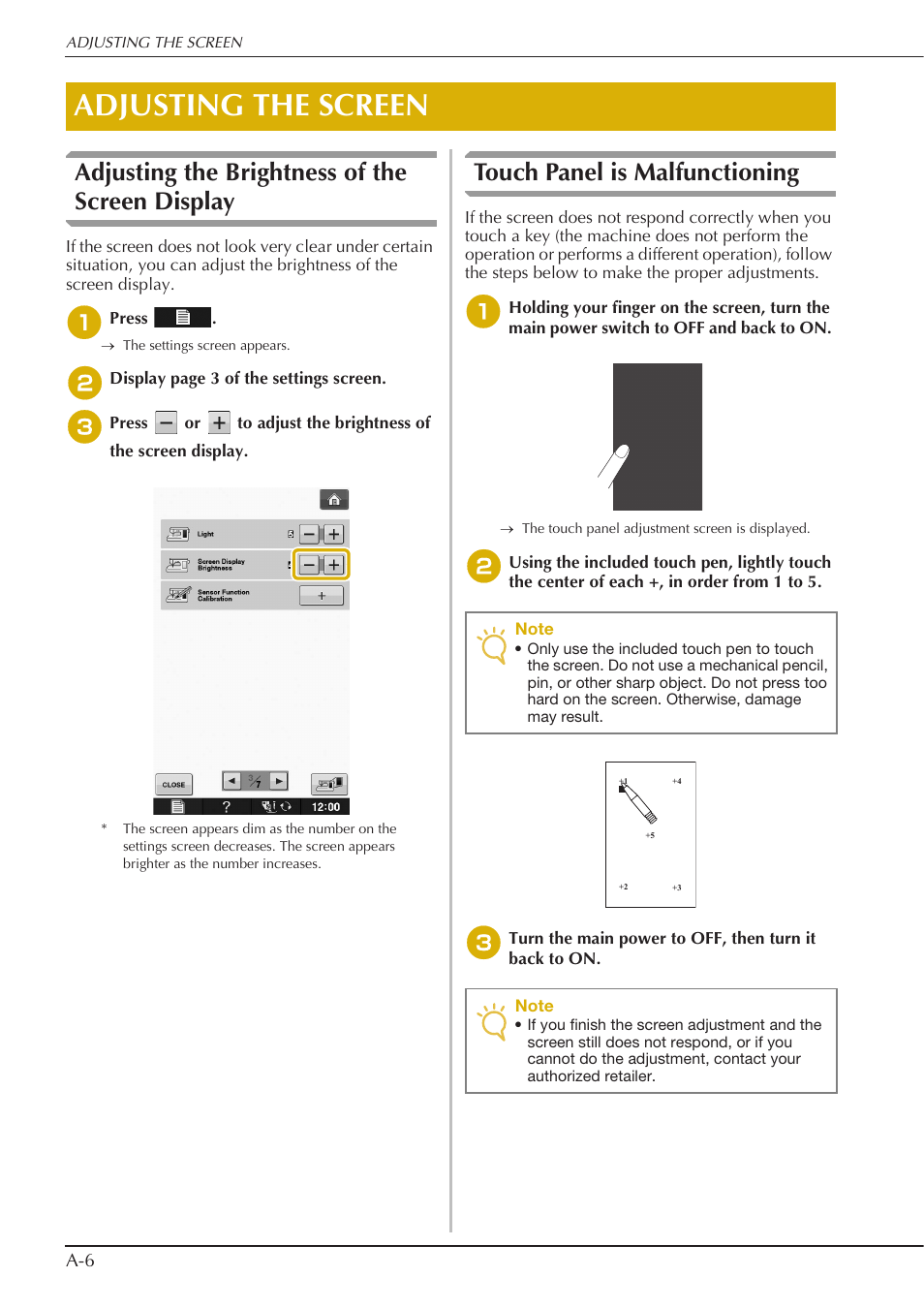 Adjusting the screen, Adjusting the brightness of the screen display, Touch panel is malfunctioning | Baby Lock Spirit (BLPY) Instruction and Reference Guide User Manual | Page 170 / 184