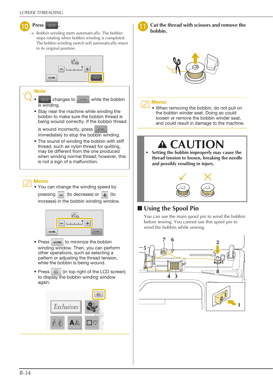Caution, Using the spool pin | Baby Lock Spirit (BLPY) Instruction and Reference Guide User Manual | Page 36 / 184