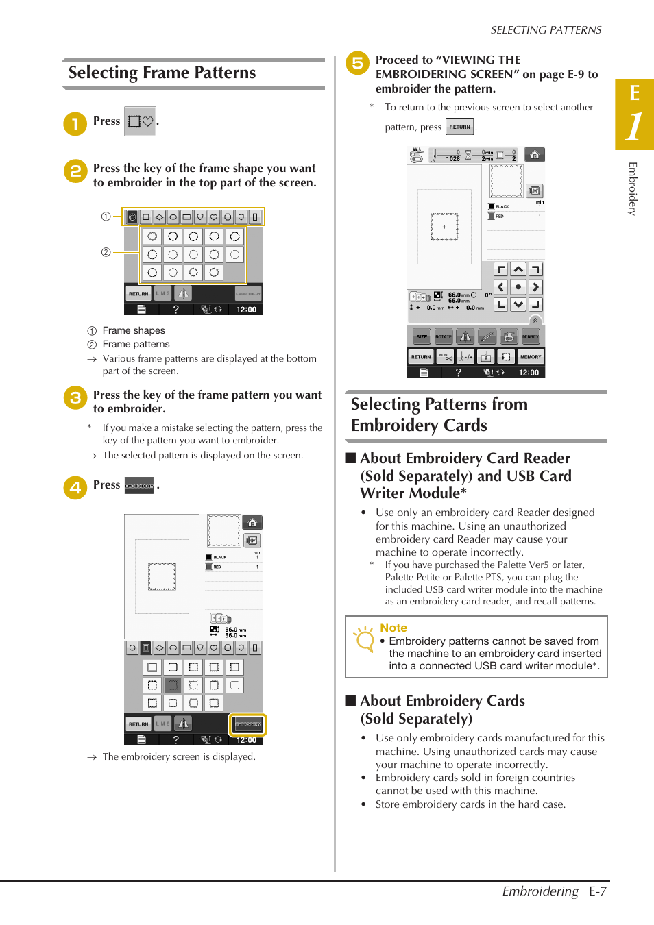 Selecting frame patterns, Selecting patterns from embroidery cards, About embroidery cards (sold separately) | Baby Lock Spirit (BLPY) Instruction and Reference Guide User Manual | Page 73 / 184