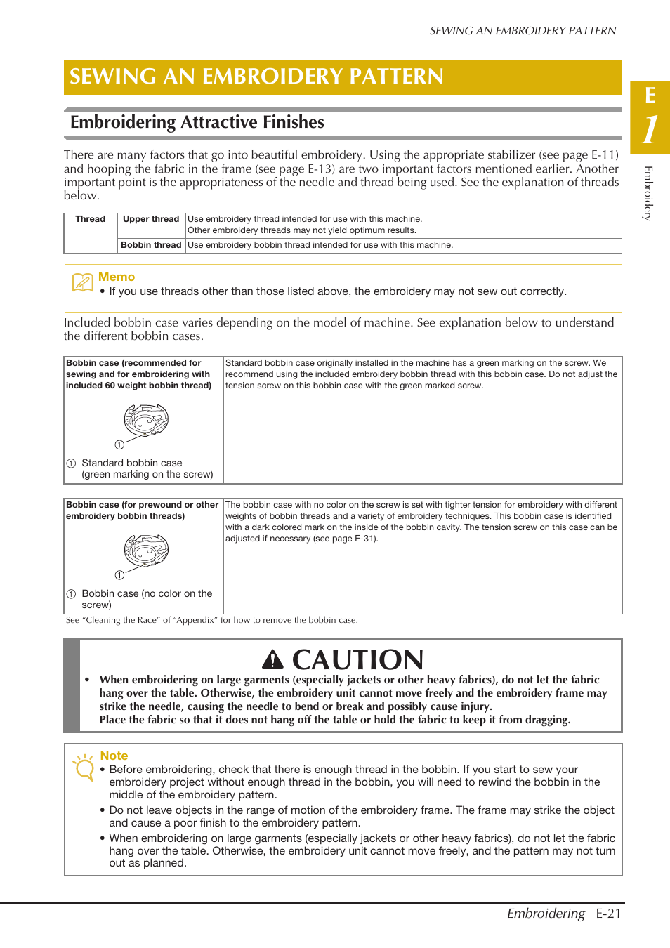 Caution, Sewing an embroidery pattern, Embroidering attractive finishes | Baby Lock Spirit (BLPY) Instruction and Reference Guide User Manual | Page 87 / 184