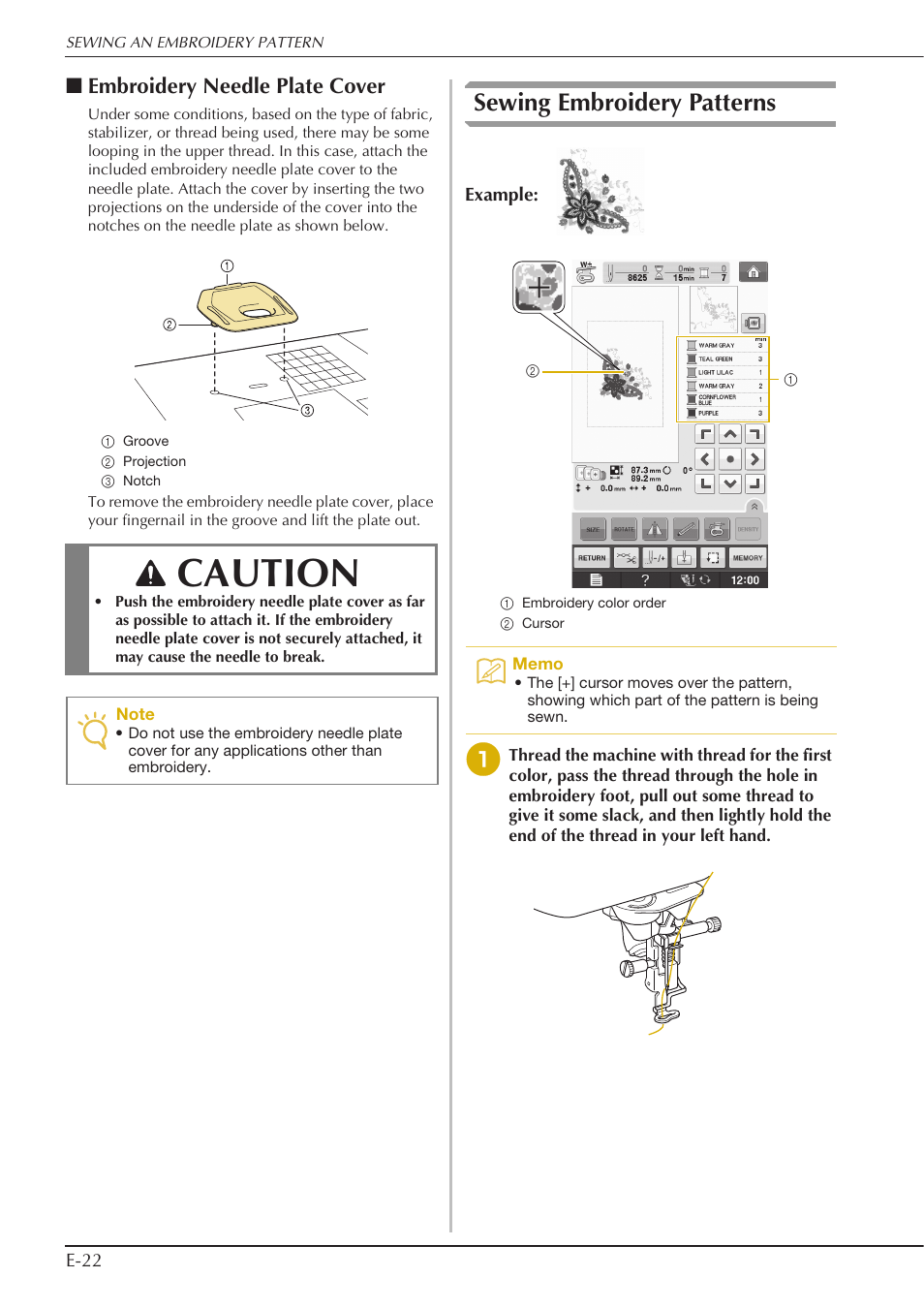Caution, Sewing embroidery patterns, Embroidery needle plate cover | Baby Lock Spirit (BLPY) Instruction and Reference Guide User Manual | Page 88 / 184