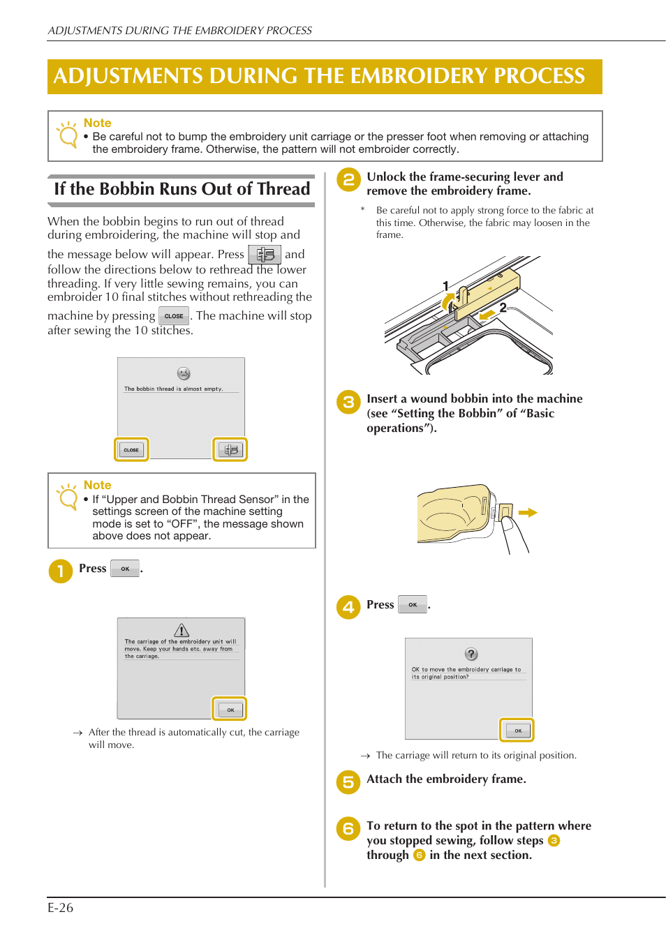 Adjustments during the embroidery process, If the bobbin runs out of thread | Baby Lock Spirit (BLPY) Instruction and Reference Guide User Manual | Page 92 / 184