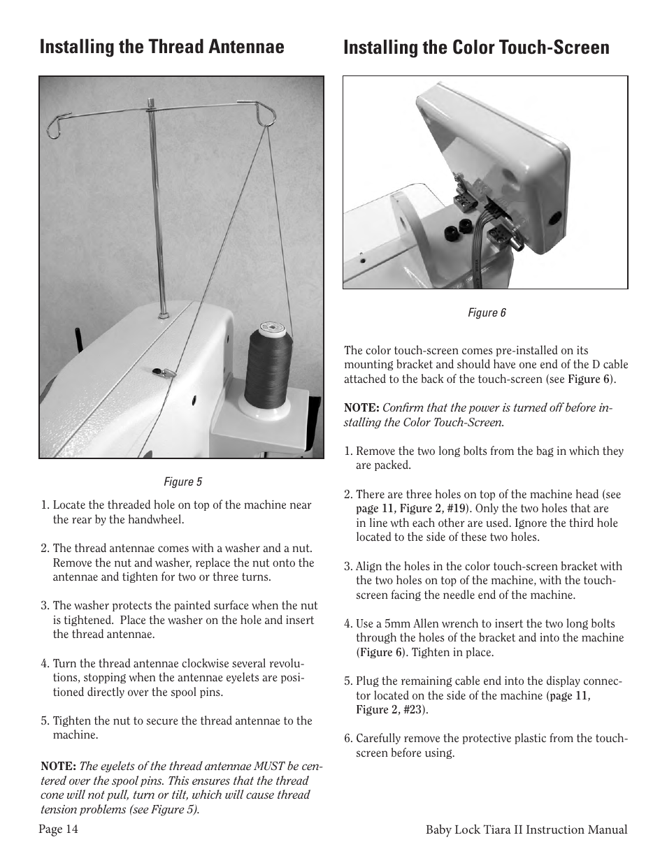 Installing the thread antennae, Installing the color touch-screen | Baby Lock Tiara II (BLTR16-2) Instruction and Reference Guide User Manual | Page 15 / 34
