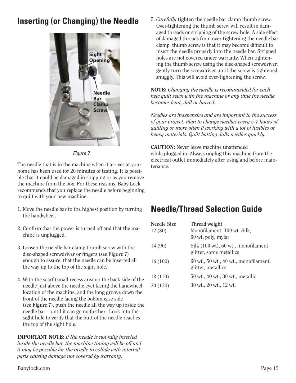 Inserting (or changing) the needle, Needle/thread selection guide | Baby Lock Tiara II (BLTR16-2) Instruction and Reference Guide User Manual | Page 16 / 34