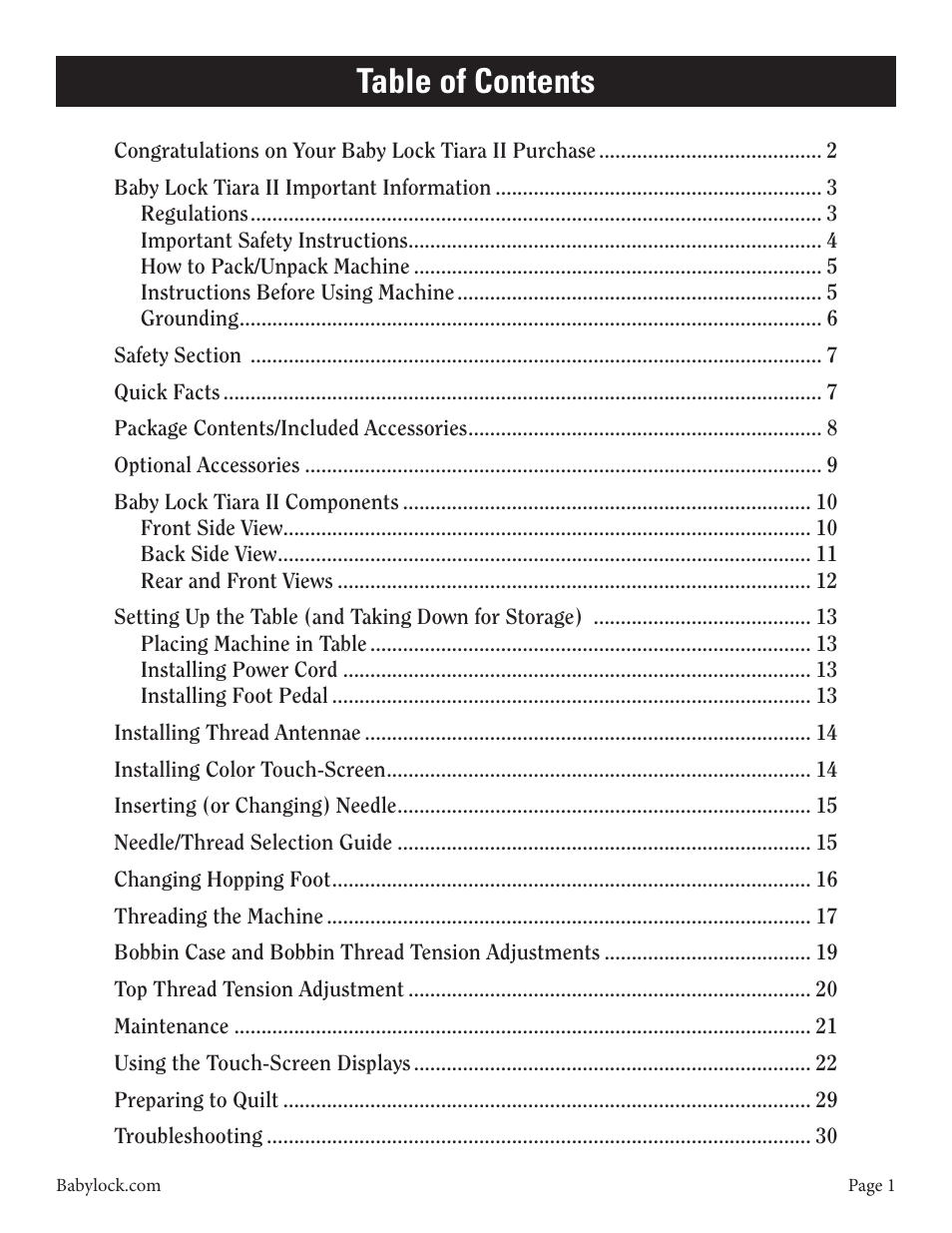 Baby Lock Tiara II (BLTR16-2) Instruction and Reference Guide User Manual | Page 2 / 34