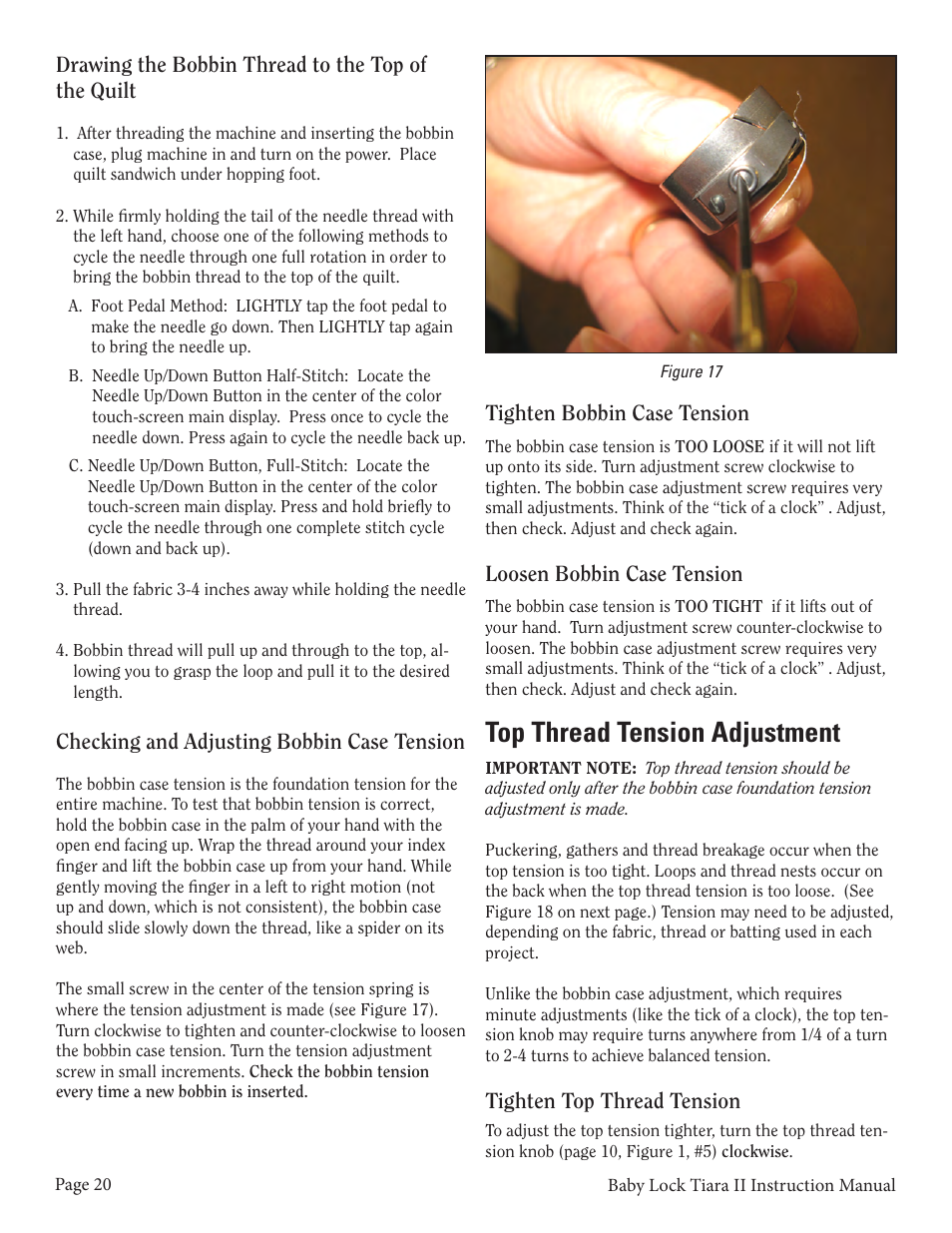 Top thread tension adjustment | Baby Lock Tiara II (BLTR16-2) Instruction and Reference Guide User Manual | Page 21 / 34