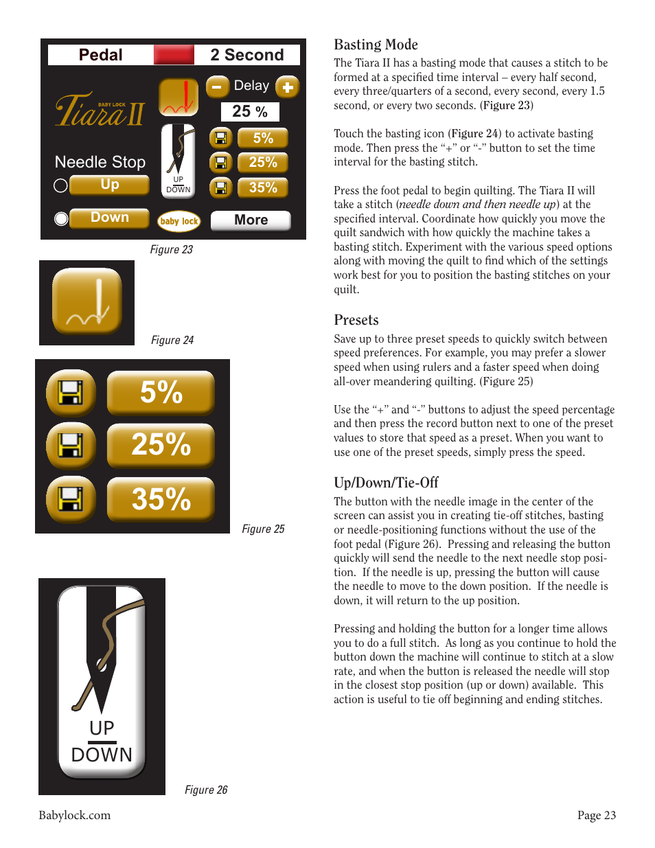 Needle stop pedal 2 second, More up down, Needle stop | Check pedal 0, Delay, Up down, More, Speed | Baby Lock Tiara II (BLTR16-2) Instruction and Reference Guide User Manual | Page 24 / 34