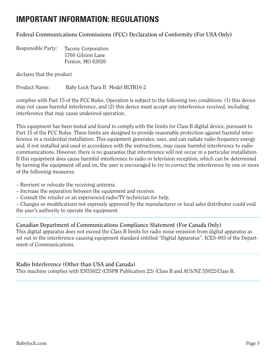 Important information: regulations | Baby Lock Tiara II (BLTR16-2) Instruction and Reference Guide User Manual | Page 4 / 34