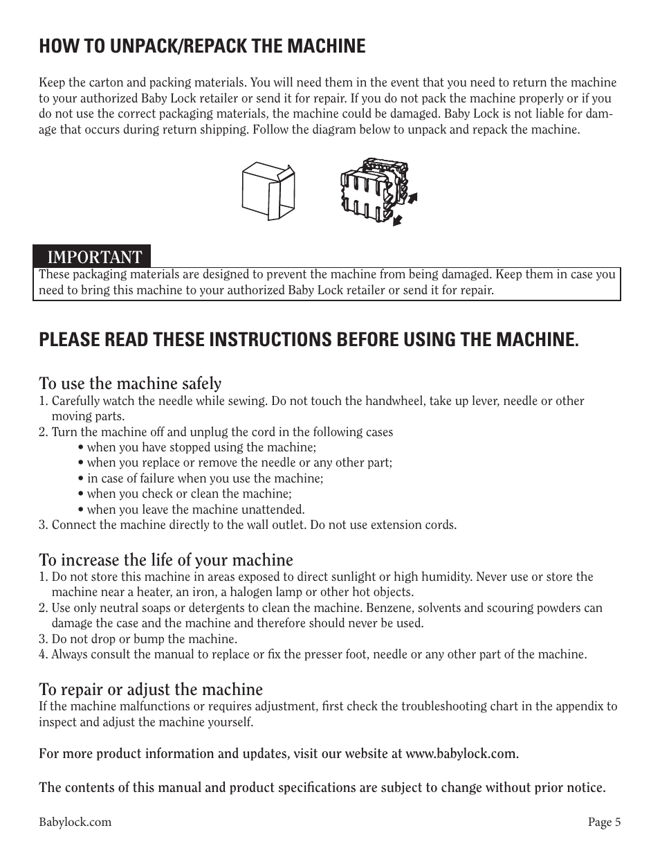 Important | Baby Lock Tiara II (BLTR16-2) Instruction and Reference Guide User Manual | Page 6 / 34