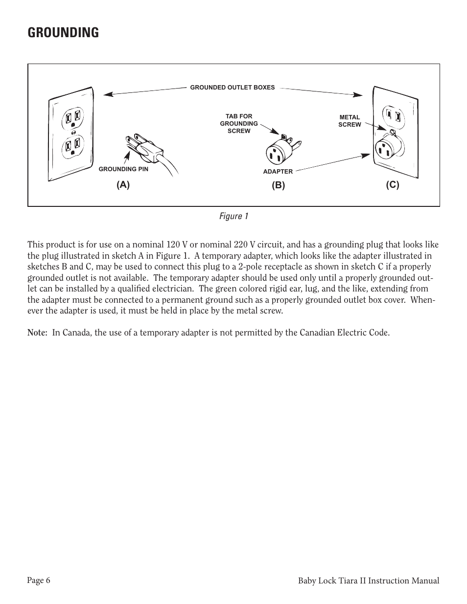 Grounding | Baby Lock Tiara II (BLTR16-2) Instruction and Reference Guide User Manual | Page 7 / 34