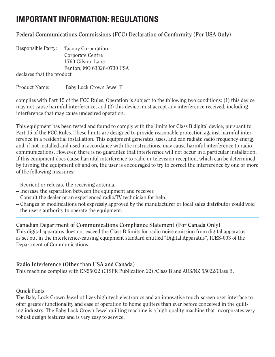 Blcj18_user_manual_warnings_08-20-10, Important information: regulations | Baby Lock Crown Jewel II (BLCJ18-2) Manual User Manual | Page 2 / 47