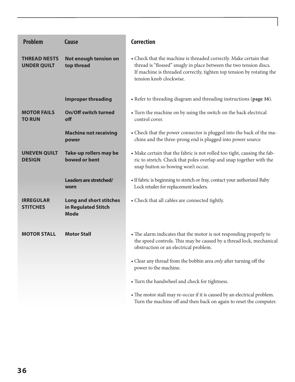 Problem cause correction | Baby Lock Crown Jewel II (BLCJ18-2) Manual User Manual | Page 43 / 47