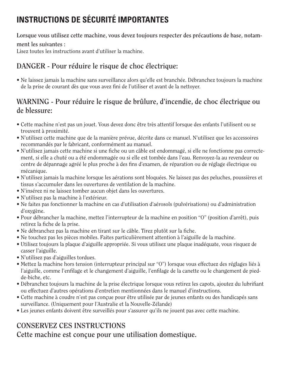 Instructions de sécurité importantes, Danger - pour réduire le risque de choc électrique | Baby Lock Crown Jewel II (BLCJ18-2) Manual User Manual | Page 6 / 47