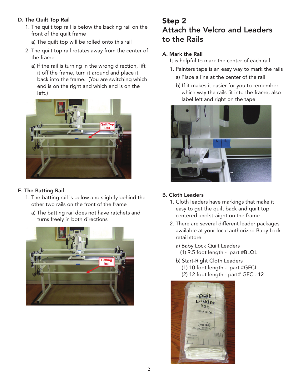 Step 2 attach the velcro and leaders to the rails | Baby Lock Crown Jewel (Previous Model) (BLCJ18) Instruction and Reference Guide Addendum User Manual | Page 3 / 9