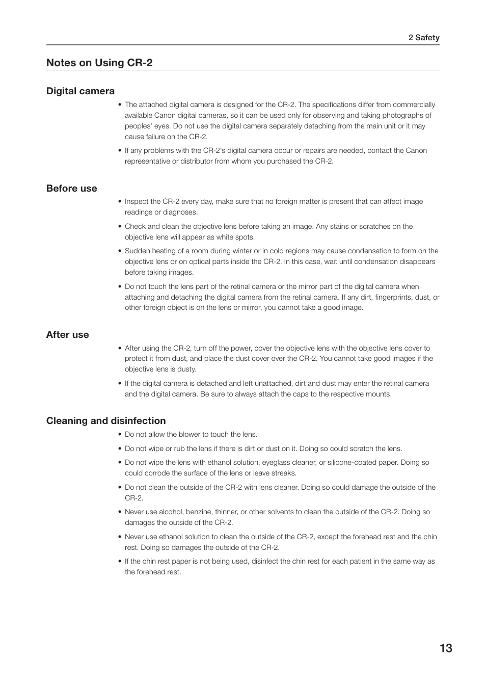 Notes on using cr-2, Digital camera, Before use | After use, Cleaning and disinfection | Canon CR-2 User Manual | Page 13 / 48