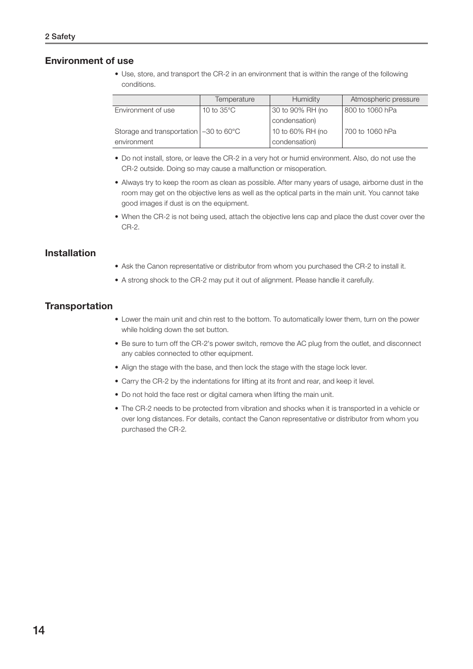 Environment of use, Installation, Transportation | Canon CR-2 User Manual | Page 14 / 48