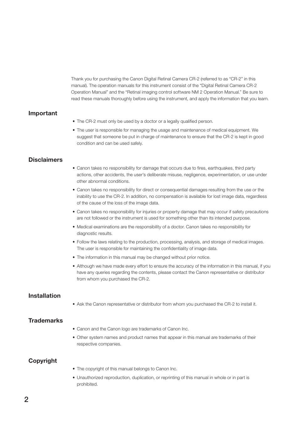 Important, Disclaimers, Installation | Trademarks, Copyright | Canon CR-2 User Manual | Page 2 / 48