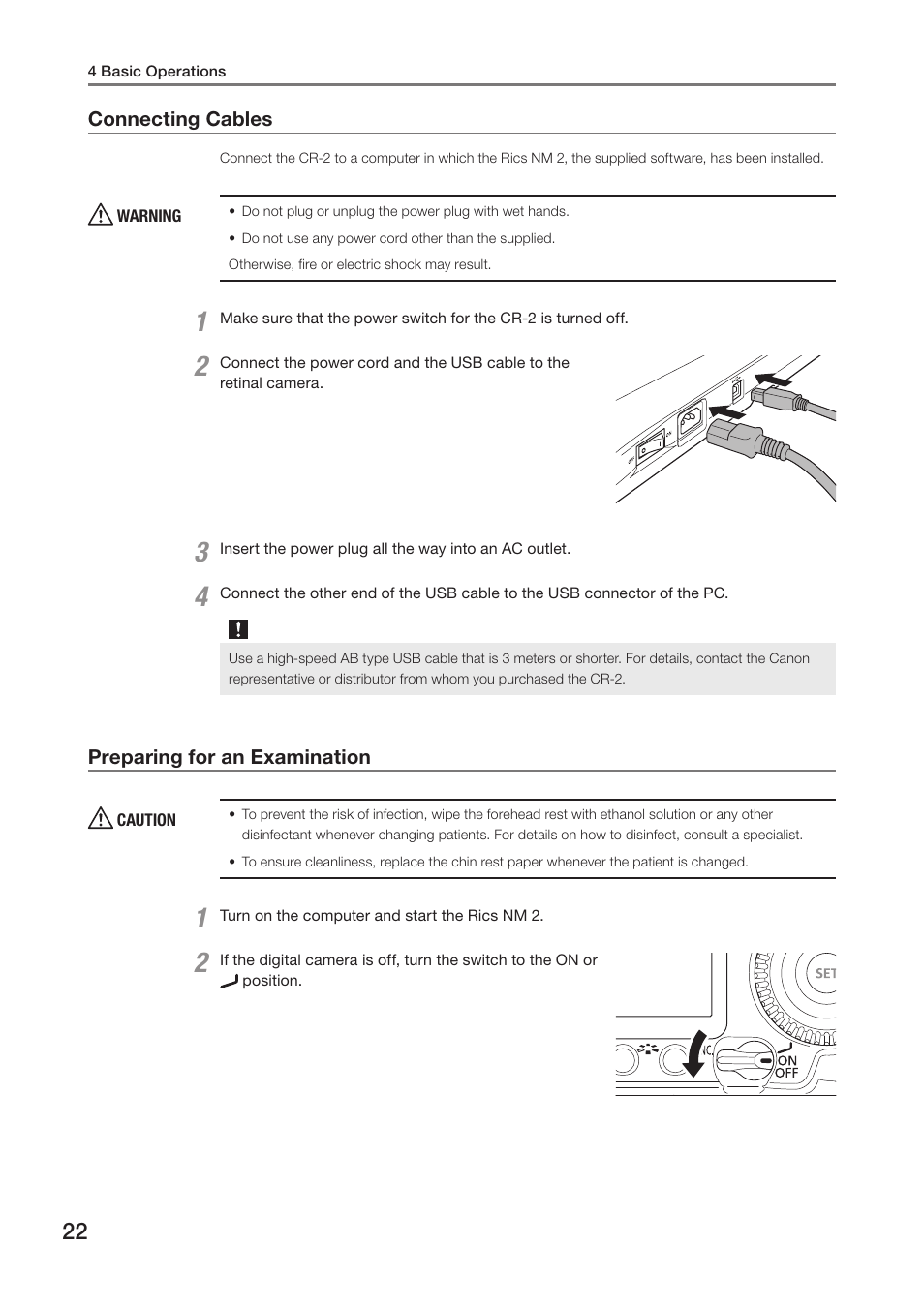 Connecting cables, Preparing for an examination, Connecting cables preparing for an examination | N “connecting cables, E 22) | Canon CR-2 User Manual | Page 22 / 48