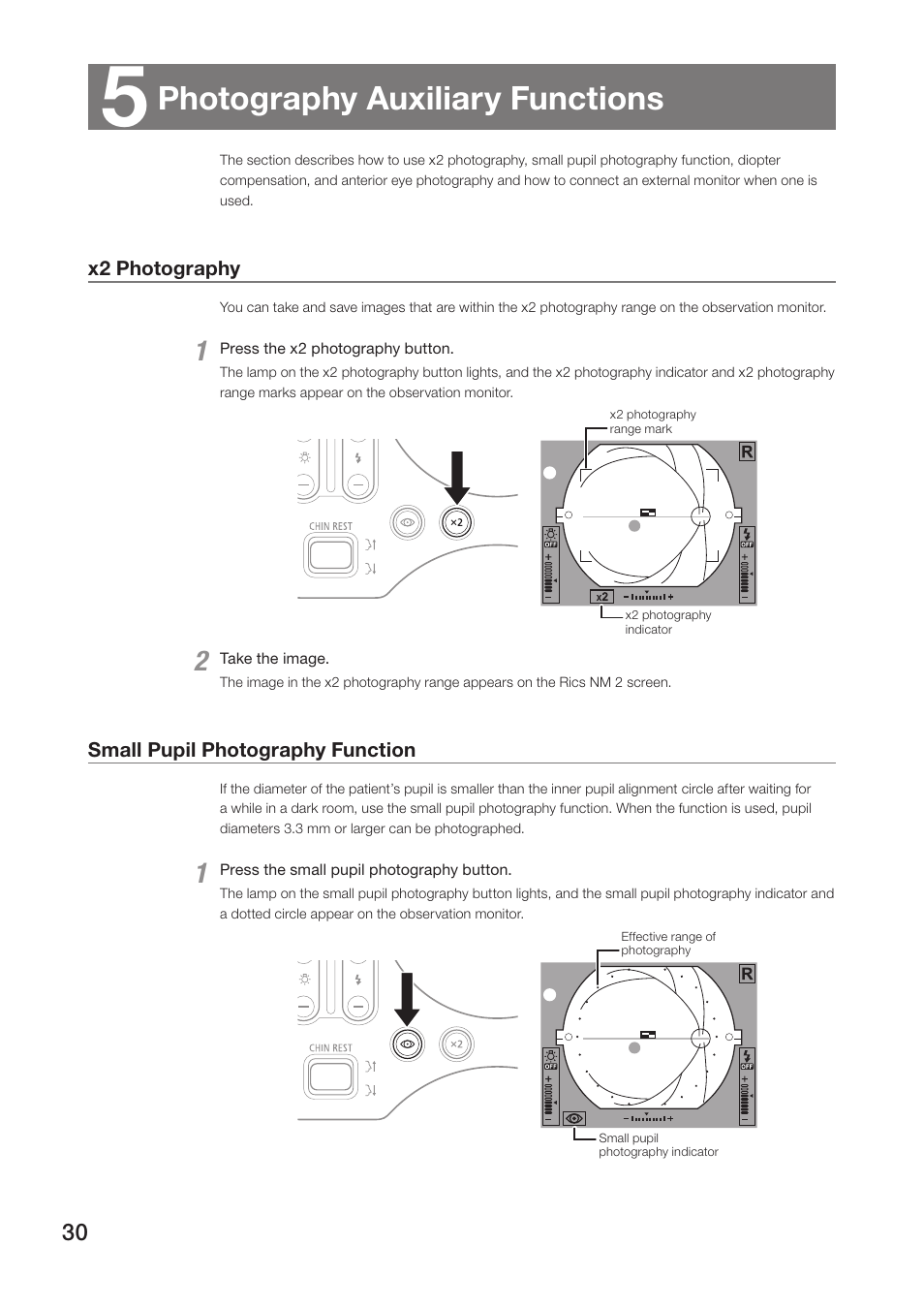 5 photography auxiliary functions, X2 photography, Small pupil photography function | X2 photography small pupil photography function, Photography auxiliary functions | Canon CR-2 User Manual | Page 30 / 48